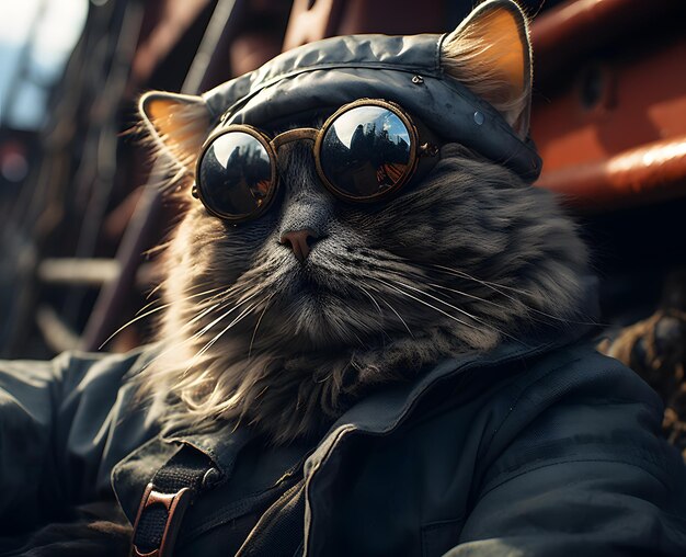 Portrait of a cat wearing a pilot hat and sunglasses