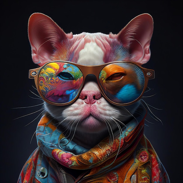 Portrait of a cat with glasses on a black background Generative AI