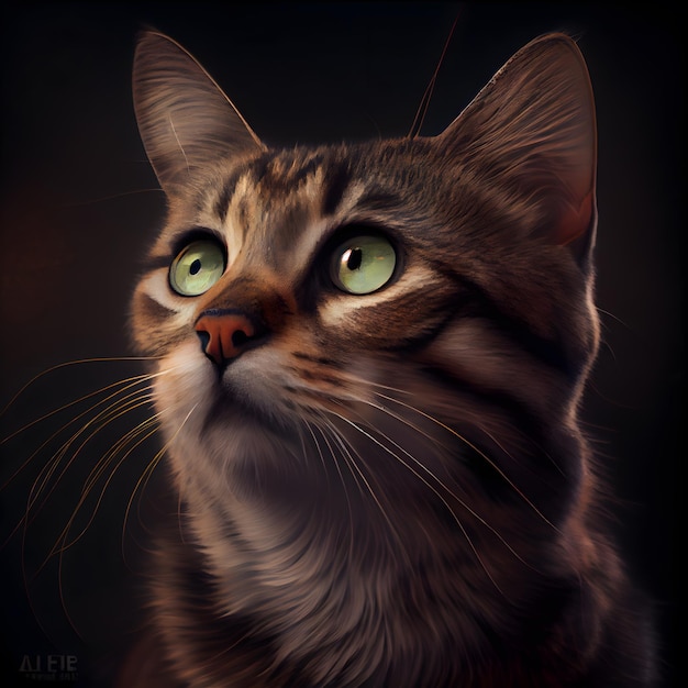 Portrait of a cat with green eyes on a dark background