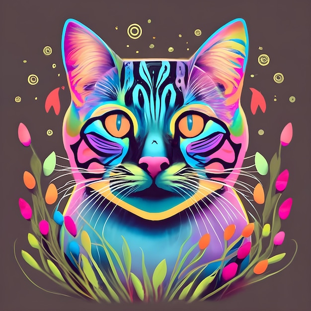 Photo portrait of a cat with a neon effect vector illustration