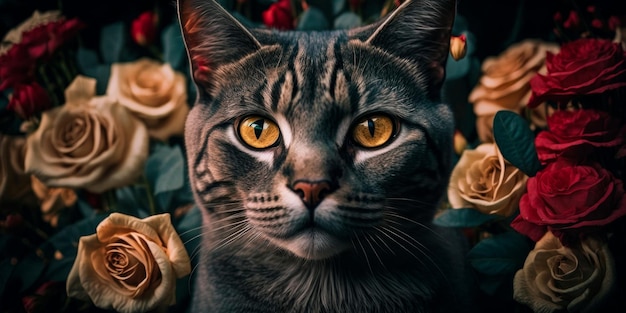 Portrait of a cat with roses in the background Generative AI