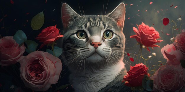 Portrait of a cat with roses in the background Generative AI