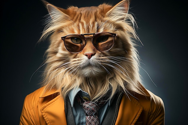 Portrait of cat with sunglasses wearing jacket and tie on solid background