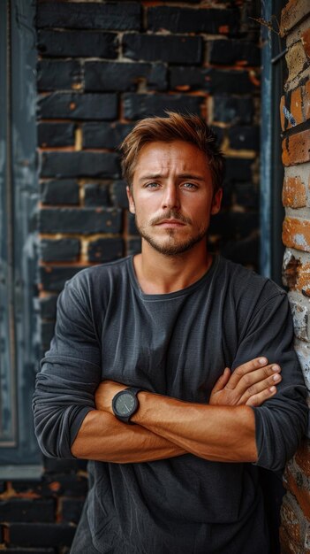 Photo portrait of caucasian attractive man against background of black brick wall