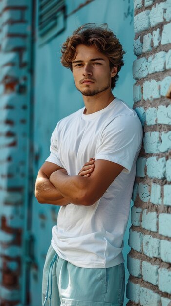 Photo portrait of caucasian attractive man against background of blue brick wall