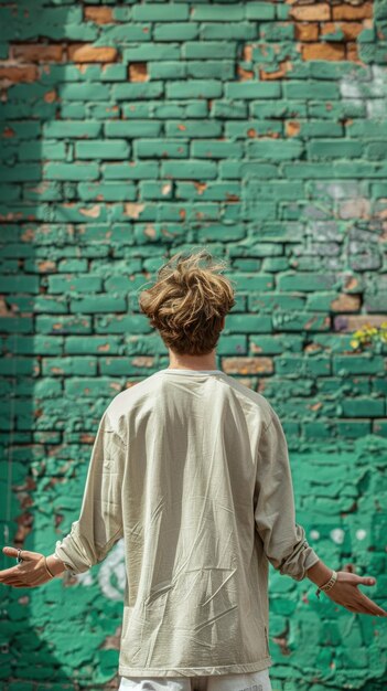 Portrait of Caucasian attractive man against background of green brick wall