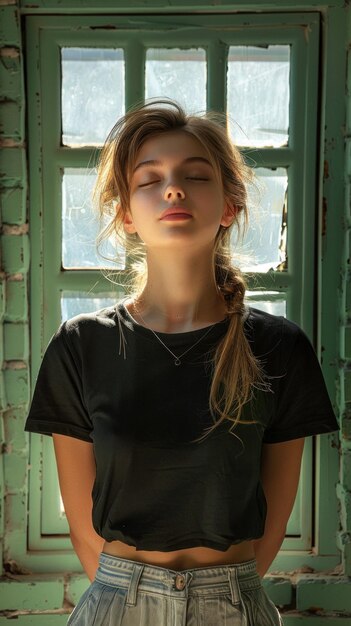 Photo portrait of caucasian attractive woman against background of green brick wall