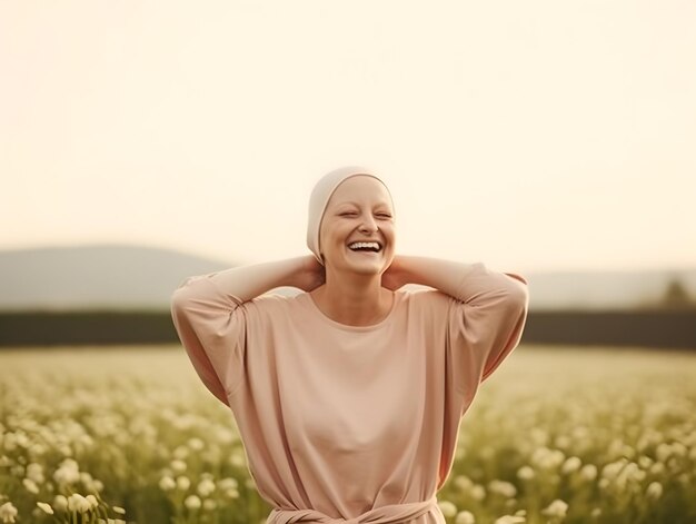 Portrait of caucasian bald woman alopecia and cancer awareness