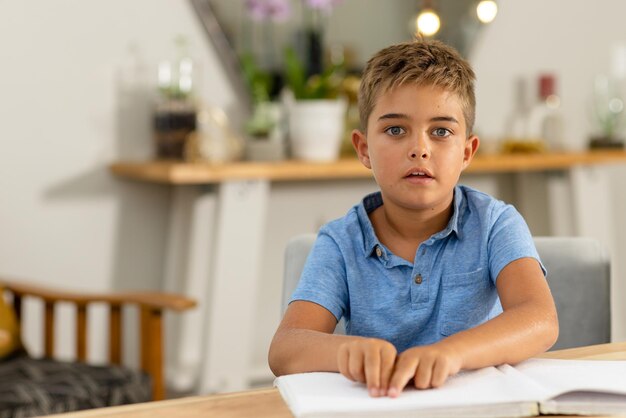 Photo portrait of caucasian blind boy reading braille book on table while sitting at home, copy space