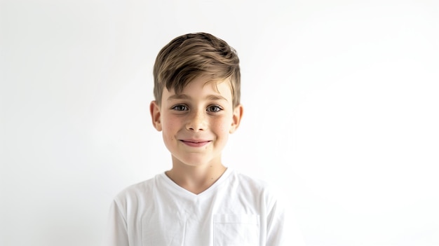 портрет кавказского мальчика, улыбающегося в камеру на белом фоне