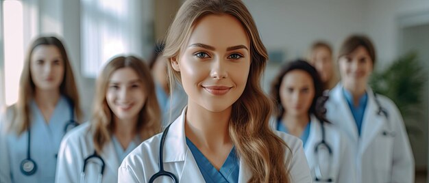 portrait caucasian doctor woman with blured team nurses and assistants