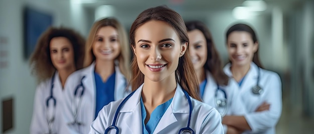 портрет кавказской женщины-врача с размытой командой медсестер и ассистентов
