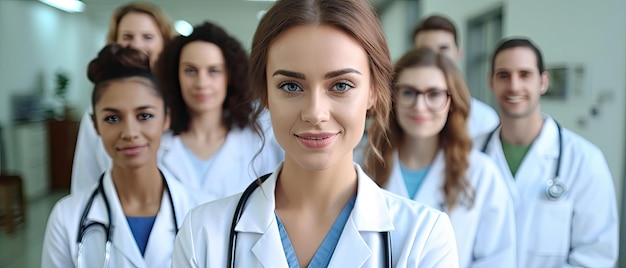 portrait caucasian doctor woman with blured team nurses and assistants