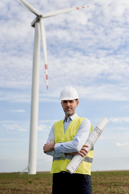 Portrait of caucasian engineer holding paper project while standing on wind turbine field