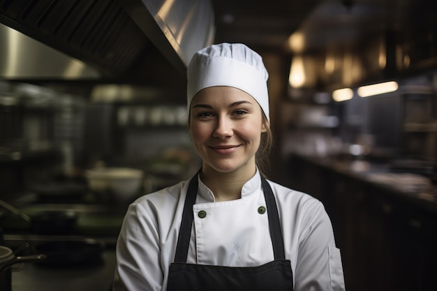 Portrait of a caucasian female chef working in a professional kitchen generative ai