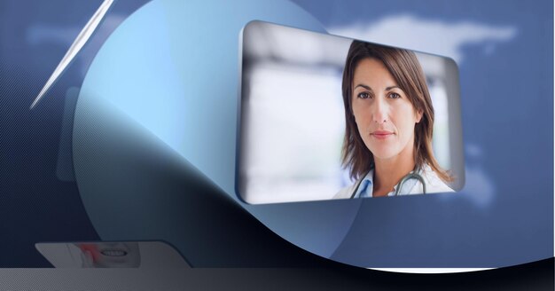 Portrait of caucasian female doctor against blue technology background