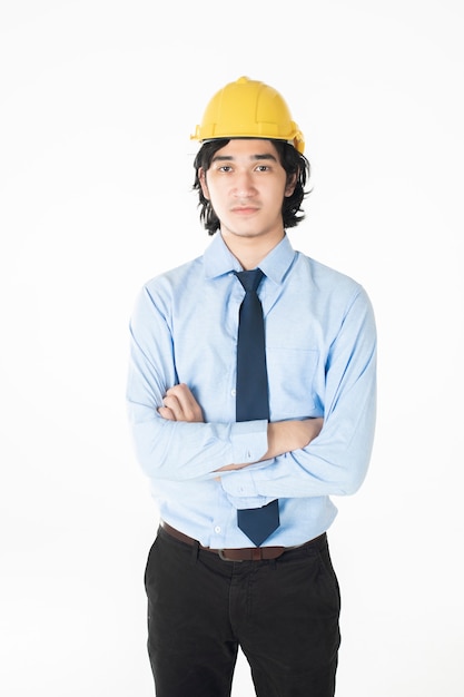 Portrait of Caucasian  handsome  engineering man is confident on white background 