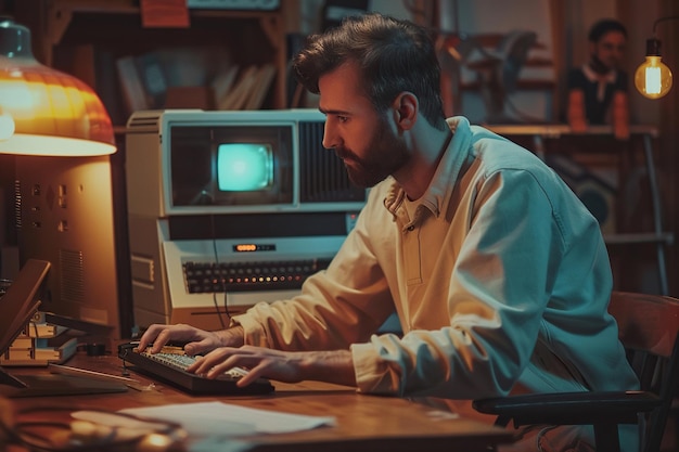 Portrait Of Caucasian Male Tech Startup Founders Using Old Desktop Computer In Retro Garage In The Evening Software Developer And User Interface Designer Starting New Ecommerce Business In Nineties