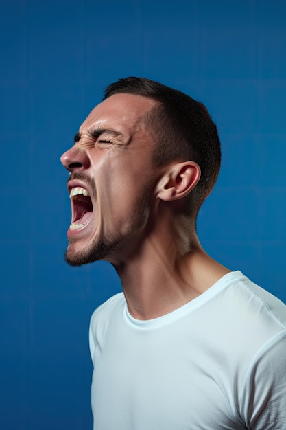 Портрет кавказского мужчины в белой рубашке, который кричит изолированно на синем фоне