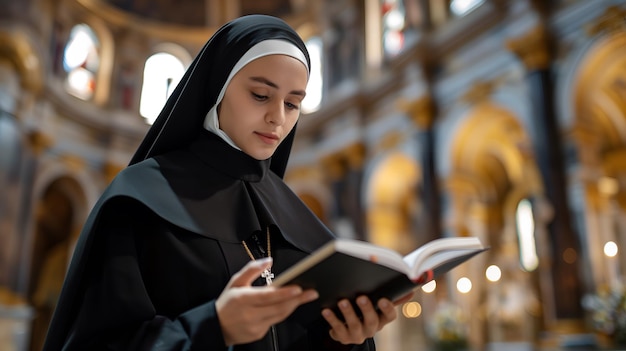 Photo portrait of caucasian nun reading bible book in the church