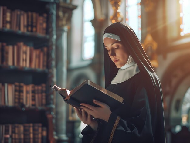 Photo portrait of caucasian nun reading bible book in the library