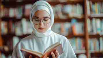 Photo portrait of caucasian nun reading bible book in the library