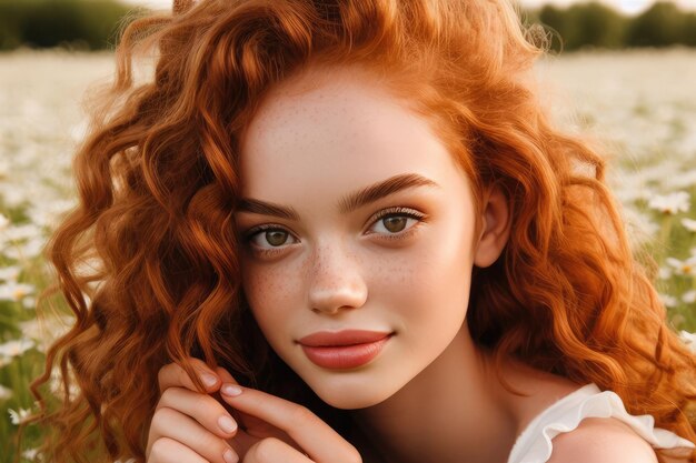 Portrait caucasian redhaired woman sitting in field daisies Closeup portrait Beautiful young girl Chamomile flower field at sunset