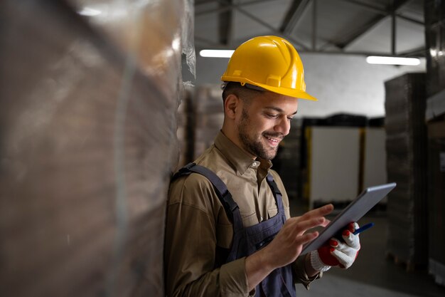 Portrait of caucasian smiling warehouse worker standing by palettes and checking inventory on tablet computer in storage room.