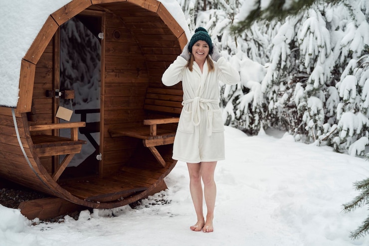 Photo portrait of caucasian woman standing in front of sauna wearing in bathrobe
