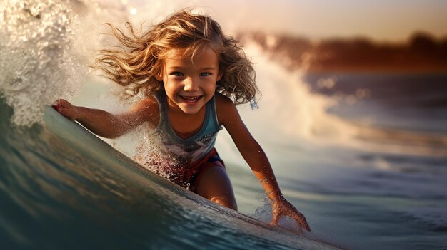 Foto ritratto di una giovane ragazza caucasica dai capelli lunghi e ricci che fa surf su un'onda a bali.