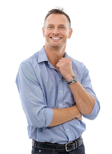 Portrait ceo and business man in studio isolated on a white background with success mindset vision and mission Entrepreneur goals boss and smile of confident mature and happy male from Canada