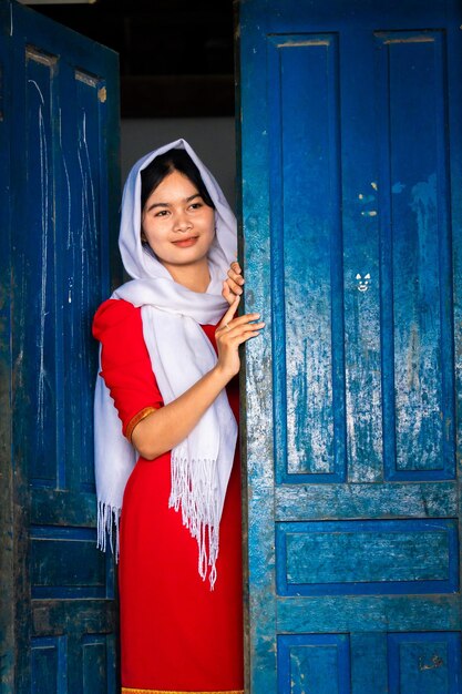 portrait of Cham ethnic girl in Bau Truc pottery village Phan Rang city Ninh Thuan province Vietnam