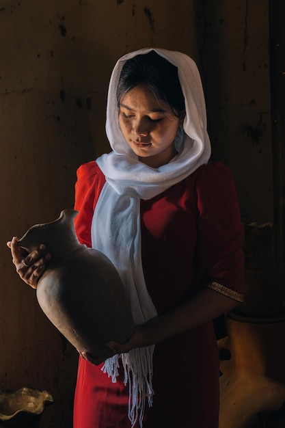 portrait of Cham ethnic girl in Bau Truc pottery village Phan Rang city Ninh Thuan province Vietnam