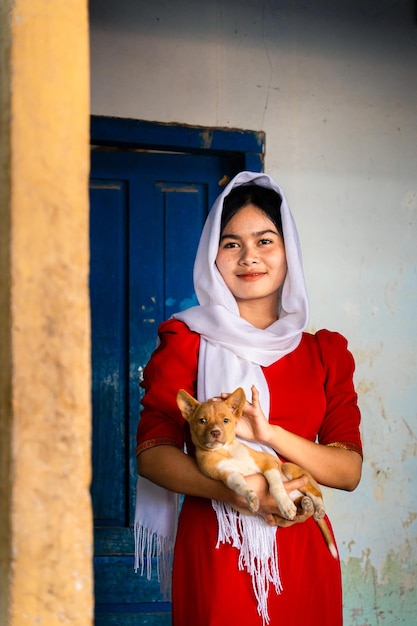 portrait of Cham ethnic girl in Bau Truc pottery village Phan Rang city Ninh Thuan province Vietnam