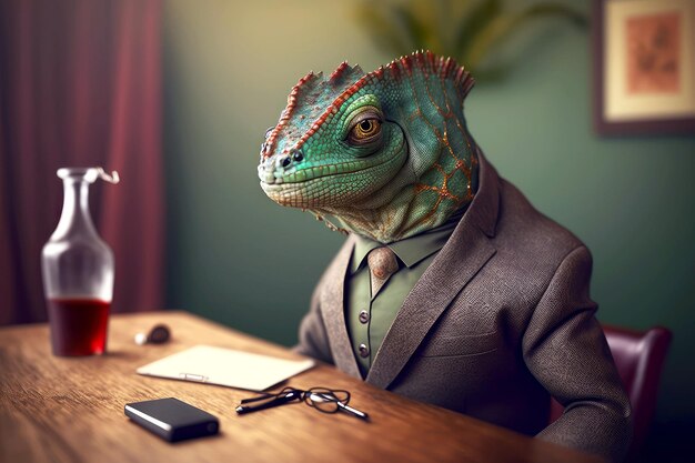 Portrait of chameleon in business suit at the office desk generative ai