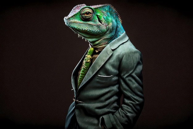 Portrait of chameleon in a fulllength business suit on a dark background generative ai