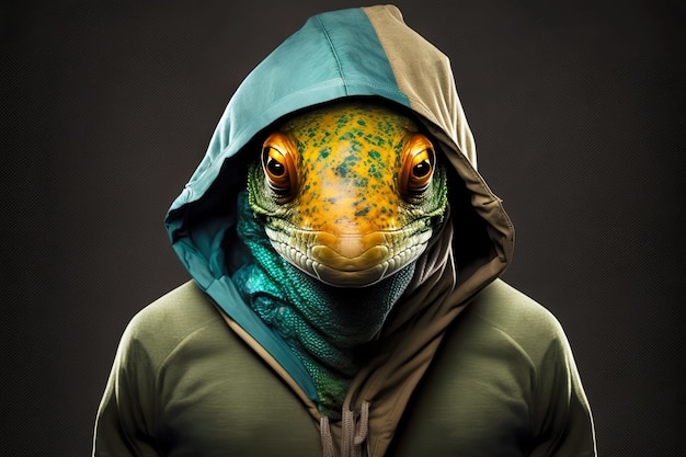 Portrait of chameleon in sportswear and a hood generative ai