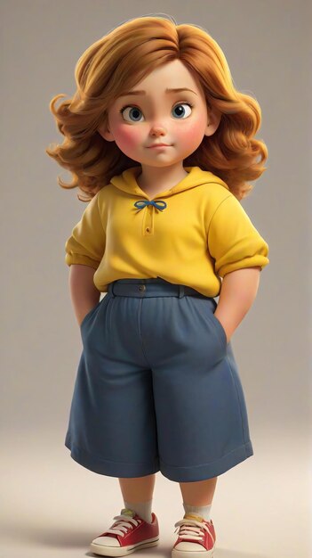 Photo portrait character man woman kid the doll is wearing a yellow shirt and blue shorts