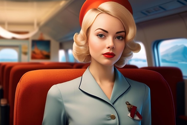 Portrait of charming blonde stewardess illustration in pin up style in plane