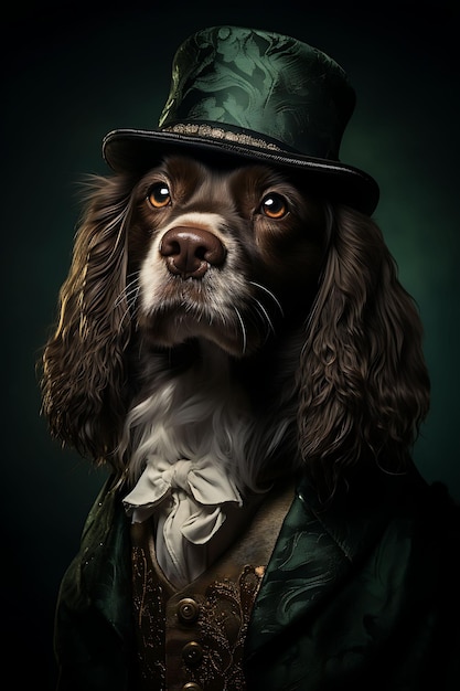Портрет очаровательного кокер-спаниеля в бардовом наряде с антропоморфным характером