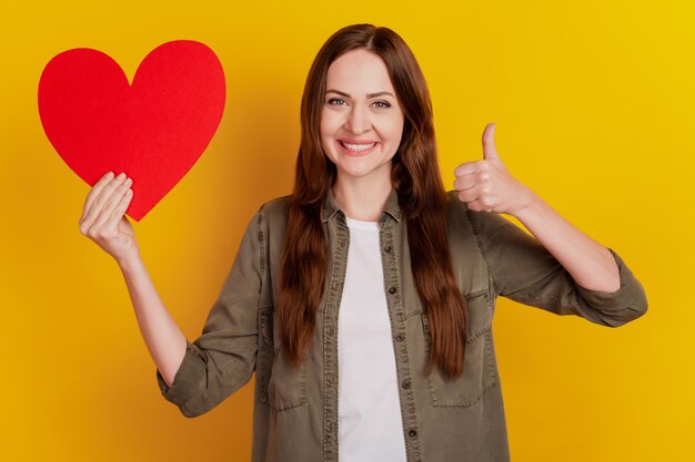 Portrait of charming girl hold heart figure raise thumb up on yellow background