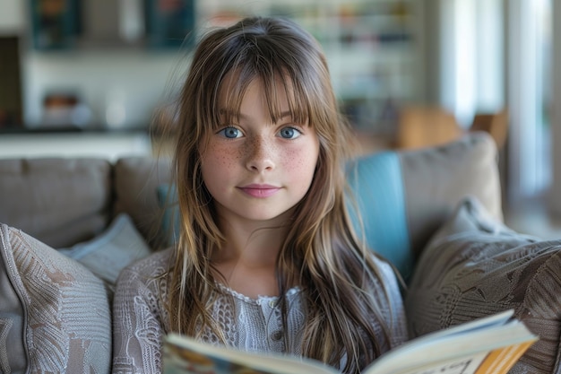 Portrait of charming girl sits comfortably on a couch while reading a book and looking at camera