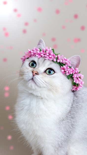 Portrait of a charming gray cat wearing a crown of pink flowers