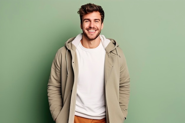 Photo portrait of charming male model wearing new men's stylish warm clothes collection