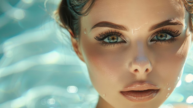 Portrait of charming sensitive caucasian woman in luxury spa perfect skin big eyes puffed lips staged photo with copyspace professional shoot ar 169 v 6 Job ID 16f385415a57432785c0029f304b2d86