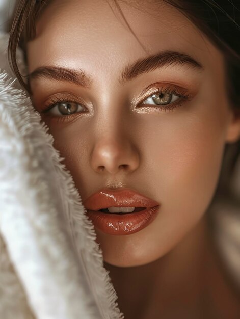 Photo portrait of charming sensitive intricate woman in luxury spa perfect skin big eyes sensitive lips staged photo with copyspace professional shoot ar 34 v 6 job id d3fb332b7eb547acb8daa9b307a22ffa