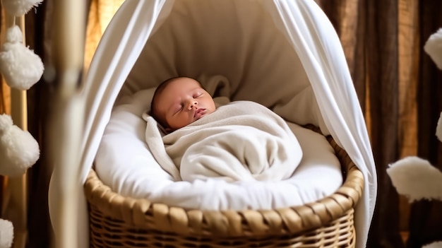 portrait of a charming sleeping baby with a cute teddy bear on a comfortable bed