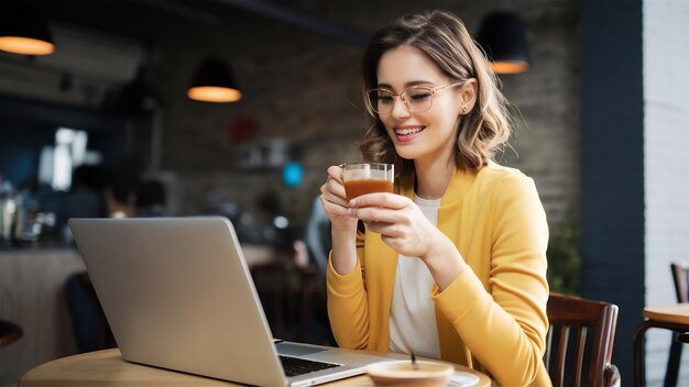 Photo portrait of charming stylish woman in cafe browsing in net via laptop holding smartphone and drin