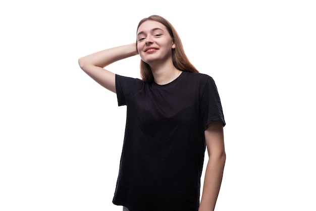 portrait of a charming teenage girl in a black tshirt with her hair down