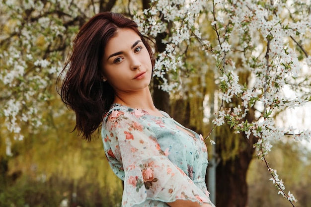 Portrait of charming woman posing near apple cherry tree blossoms blooming flowers in the garden